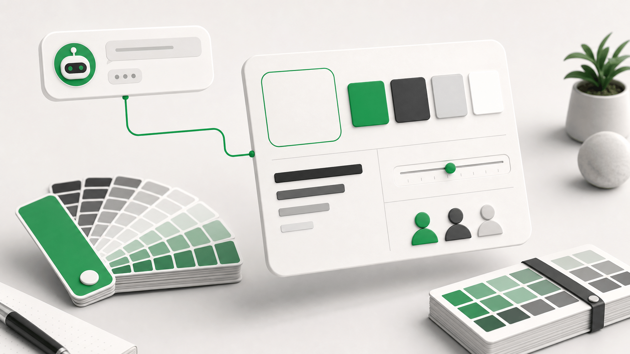 Illustration 3D d’un assistant IA relié à une interface de personnalisation graphique avec palettes de couleurs, réglages visuels et profils utilisateurs