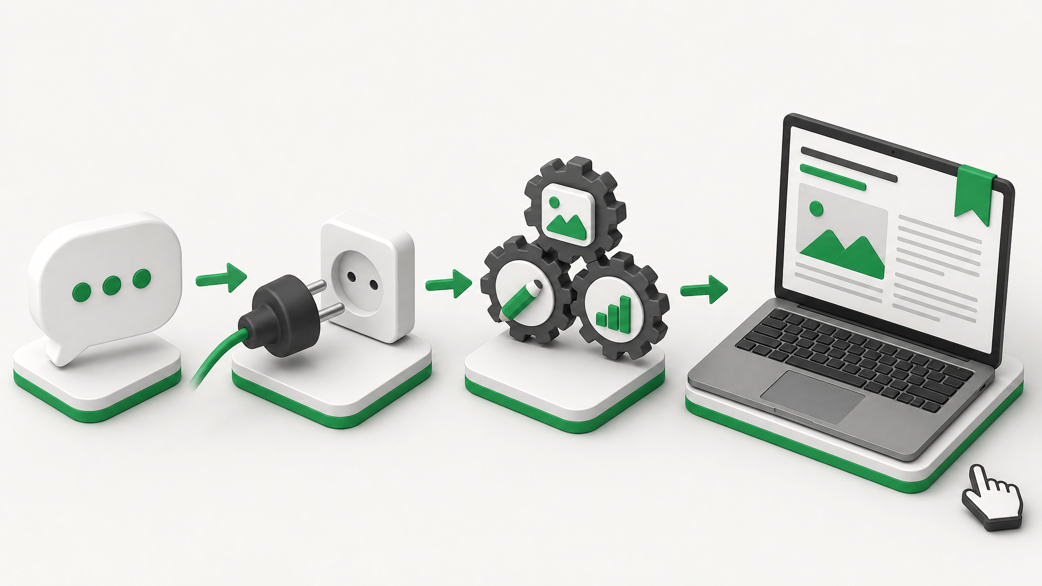 Illustration 3D d’un processus automatisé reliant une messagerie à des outils de traitement de contenus, puis à la publication d’une page web sur ordinateur.