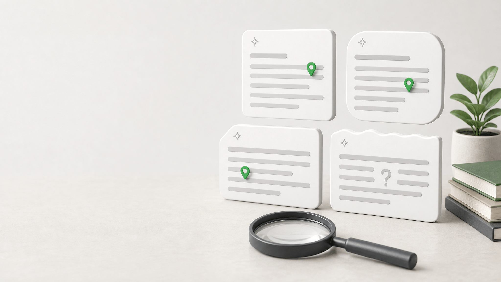 Illustration 3D de plusieurs fiches de contenu localisées, analysées à la loupe, avec des repères géographiques et un point d’interrogation